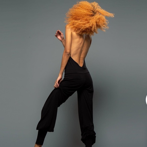 Aria Lattner Black Backless Halter Jumpsuit OS Spandex cotton yoga romper - Picture 4 of 7